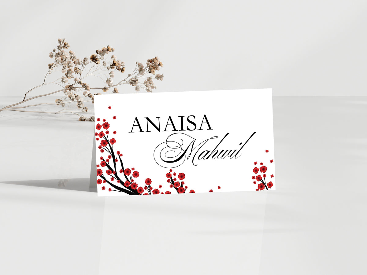 Red Floral Wedding Menu & Thank You Card Template .WI192
