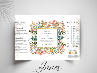 Floral Wedding Invitation Template | Save the Date with Timeline Schedule & Dress Code | Elegant Editable Printable Invite. WI169