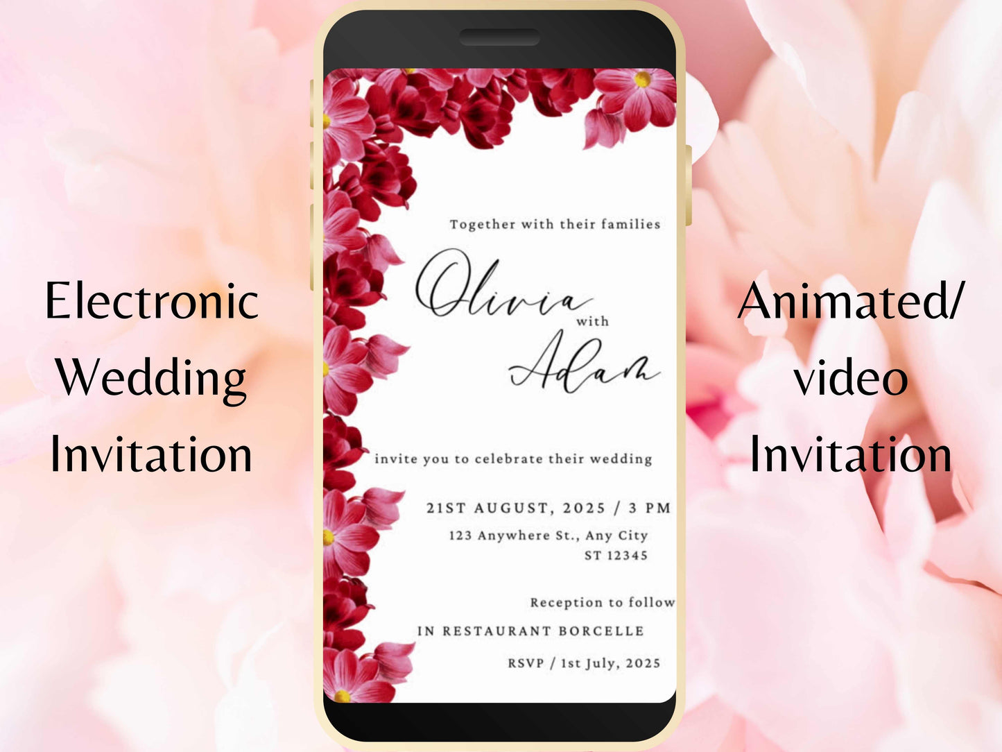 Red Flowers Wedding Evite Template, Electronic Wedding Invitation, video Wedding Invitation, Text Message, Mobile Phone Invite. WEI44