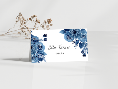 Blue Floral Wedding Menu & Thank You Card Set, Editable Template, Place Card.WI213