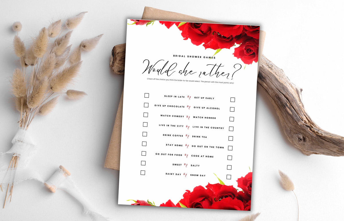 Red Rose Wedding Shower Game, Modern Bridal Shower Game, Editable Text, Modern Editable Game Card, WS47