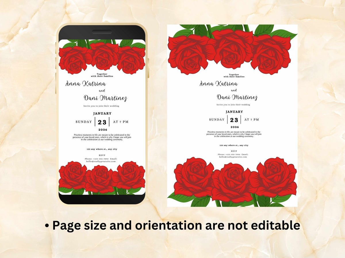 Red Roses Wedding Invite, Floral Wedding, Electronic Wedding Invite, Editable Wedding Template, Red Rose Printable Card. Digital. WEI26