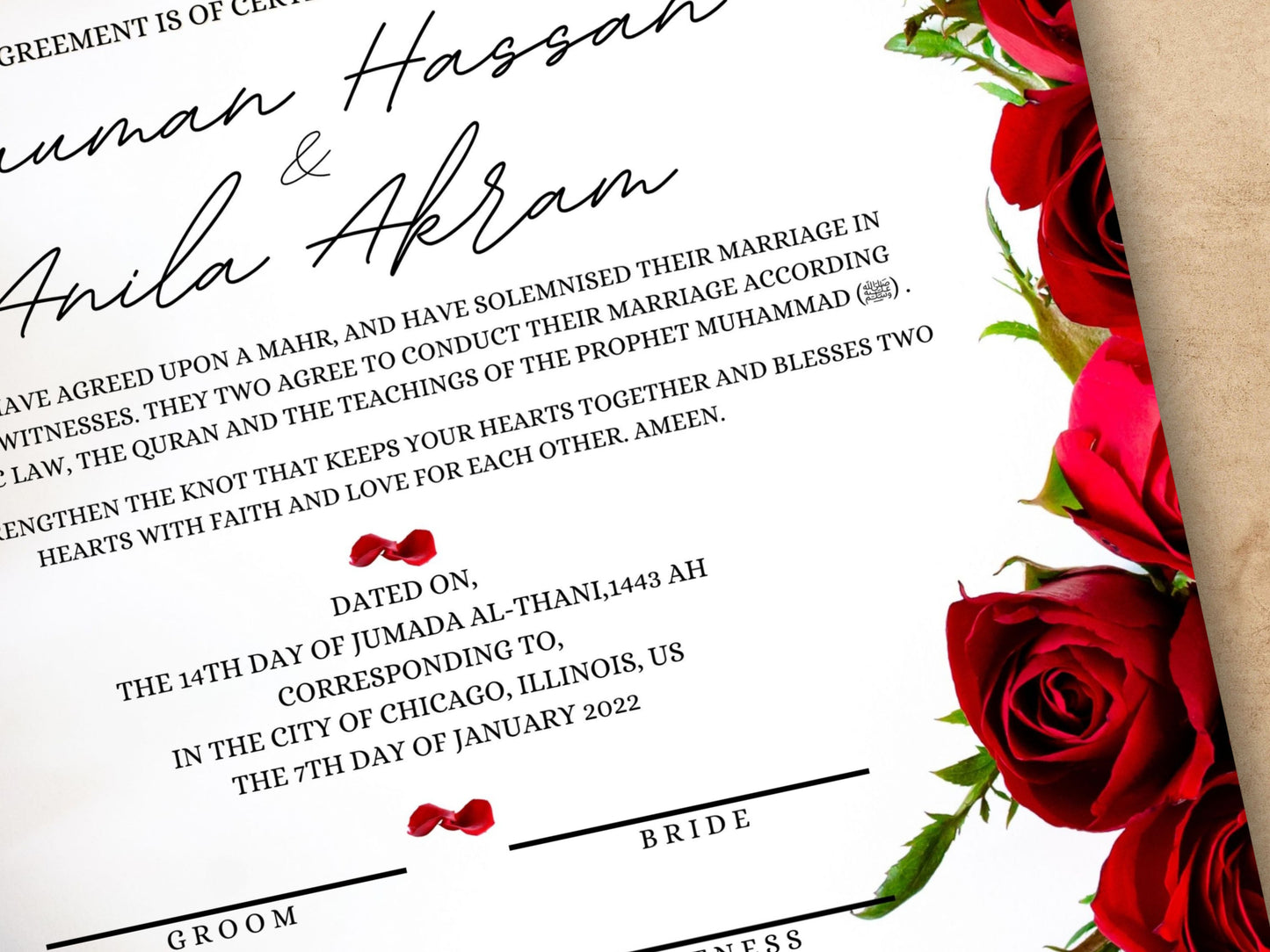 Luxury Nikkah Certificate, Premium A4 Islamic Wedding Contract, Nikkah Nama, Muslim Marriage Certificate, Personalised Names, A4, A3. NN248