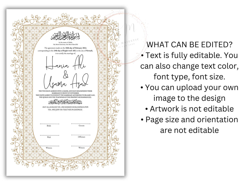 Nikkah Certificate Digital Download Personalised, Islamic Contract, A4, A3, Template, Instat Download. NN209