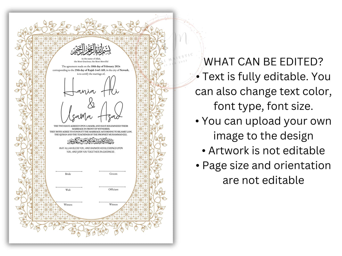 Nikkah Certificate Digital Download Personalised, Islamic Contract, A4, A3, Template, Instat Download. NN209