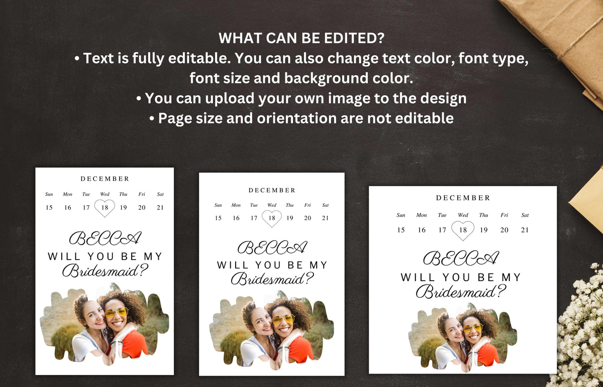 Bridesmaid Proposal Card Template, Editable Will You Be My Bridesmaid Card, Proposal Card Photo Invitation, Bridesmaid Card, Digital. BT43