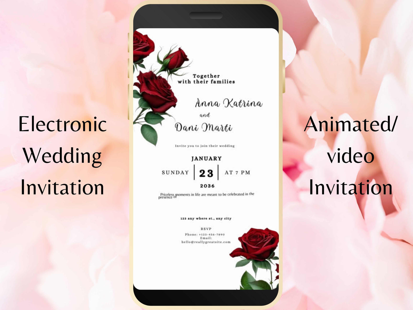 Red Rose Wedding Evite Template, Electronic Wedding Invitation, Red Rose video Wedding Invitation, Text Message, Mobile Phone Invite. WEI36