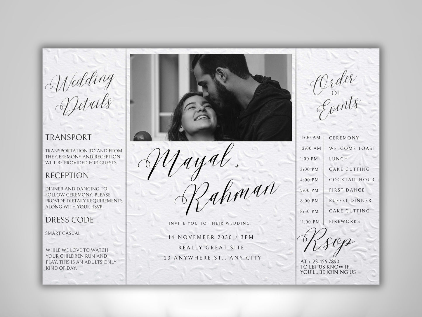 Gatefold Wedding Invitation Template | Elegant Black & White Folded Invite with RSVP Timeline | Printable Wedding Card with Photo. WEIB122