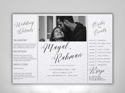 Gatefold Wedding Invitation Template | Elegant Black & White Folded Invite with RSVP Timeline | Printable Wedding Card with Photo. WEIB122