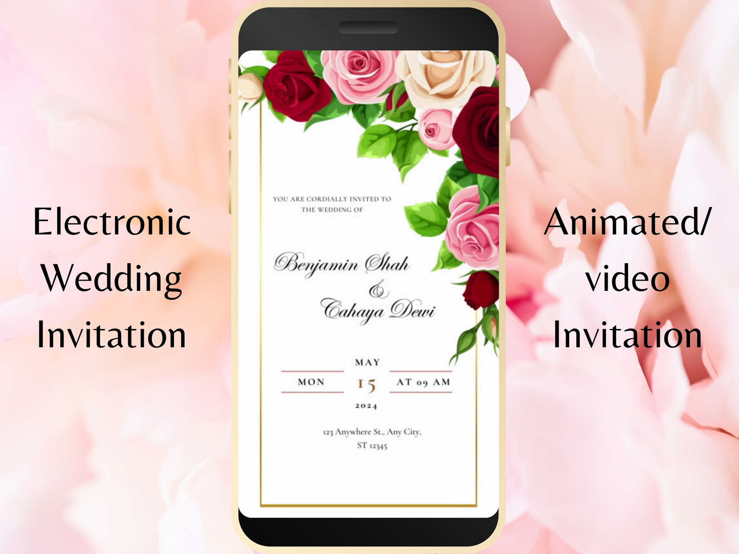 Red Rose Wedding Evite Template, Electronic Wedding Invitation, Pink Rose video Wedding Invitation, Text Message, Mobile Phone Invite. WEI39