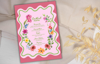 Colorful Floral Cocktail Menu Template, Printable Drinks Sign, Bar Menu Garden Party, Drink Menu, Biotical Wavy Cocktail Menu. WSB39