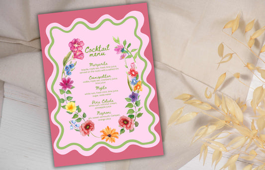 Colorful Floral Cocktail Menu Template, Printable Drinks Sign, Bar Menu Garden Party, Drink Menu, Biotical Wavy Cocktail Menu. WSB39