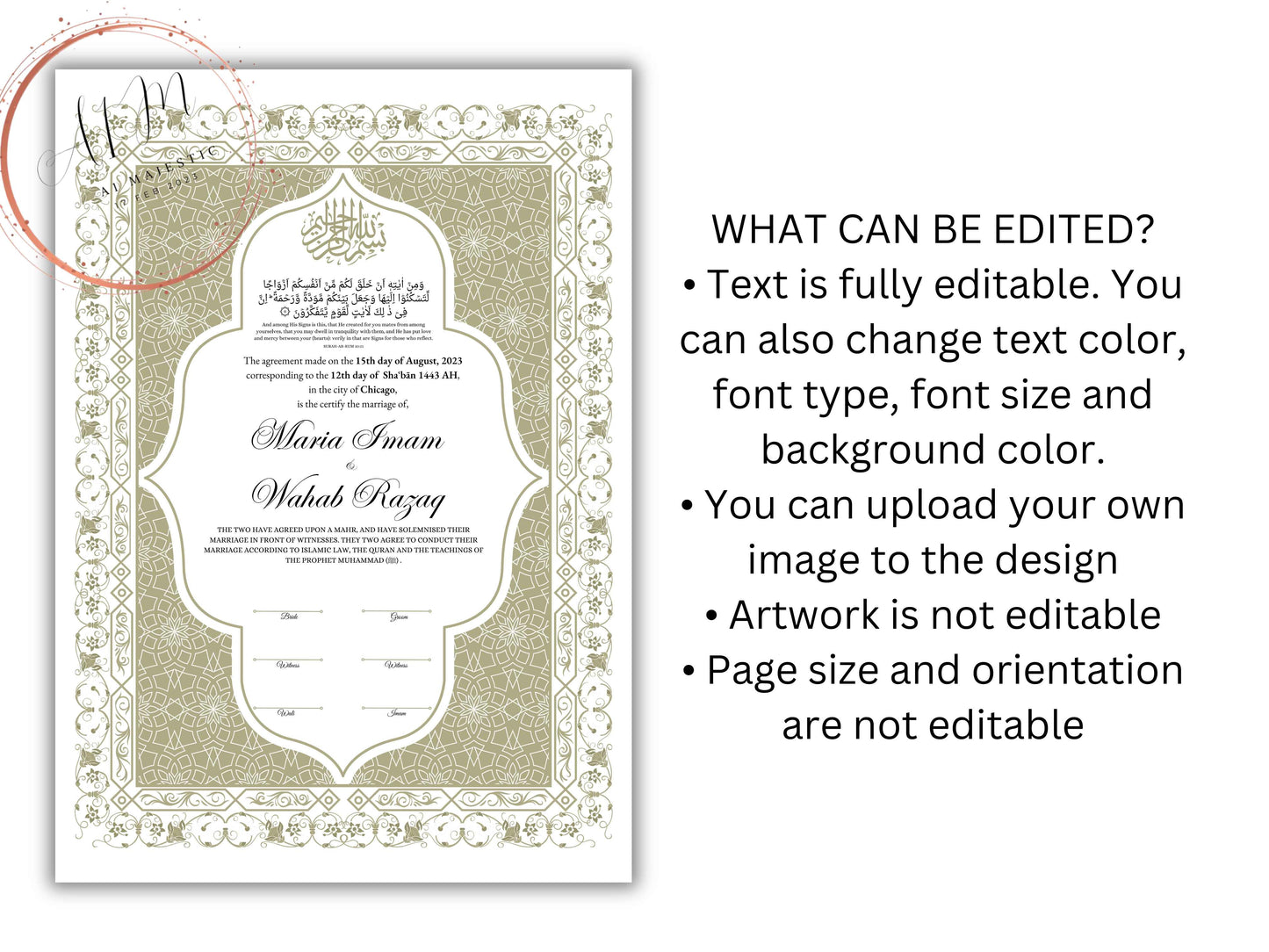 Nikkah Certificate Digital Download Personalized, Luxury Nikkah Contract, Islamic Wedding Contract, Personalized Muslim Wedding Gift. NN191