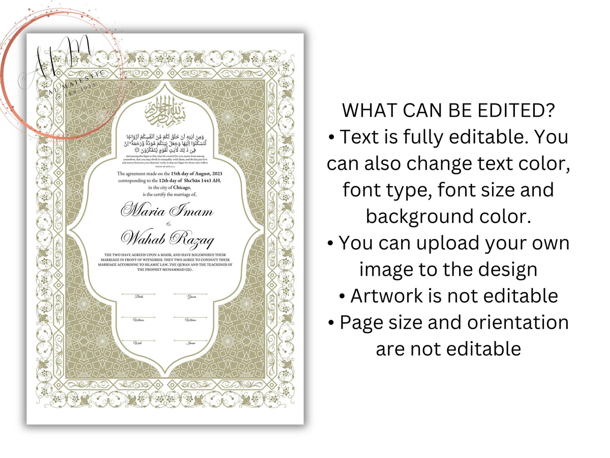 Nikkah Certificate Digital Download Personalized, Luxury Nikkah Contract, Islamic Wedding Contract, Personalized Muslim Wedding Gift. NN191