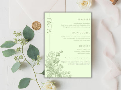 Sage Green Wedding Invitation Suite with Menu Card, Editable Wedding invite, Minimal Invite, Simple Editable Invite Template. WT56