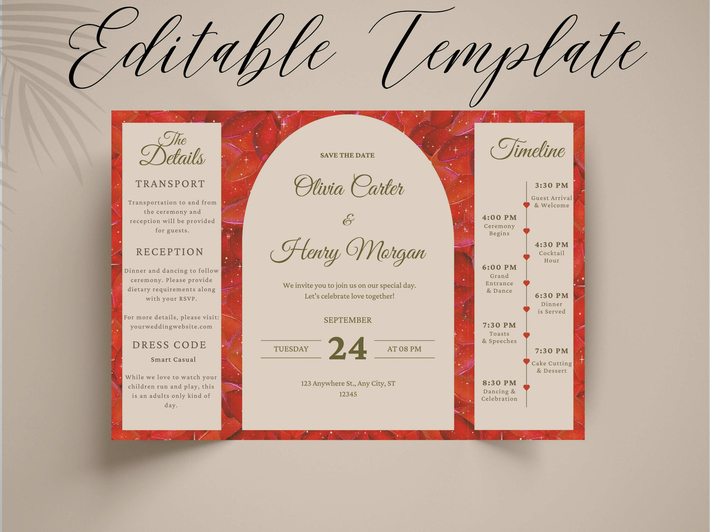 Red Rose Gatefold Wedding Invitation Template | Save The Date | Timeline & Details Card | Printable Wedding Invite | Editable PDF. WI153
