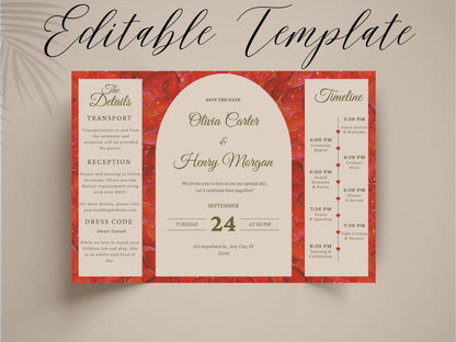 Red Rose Gatefold Wedding Invitation Template | Save The Date | Timeline & Details Card | Printable Wedding Invite | Editable PDF. WI153