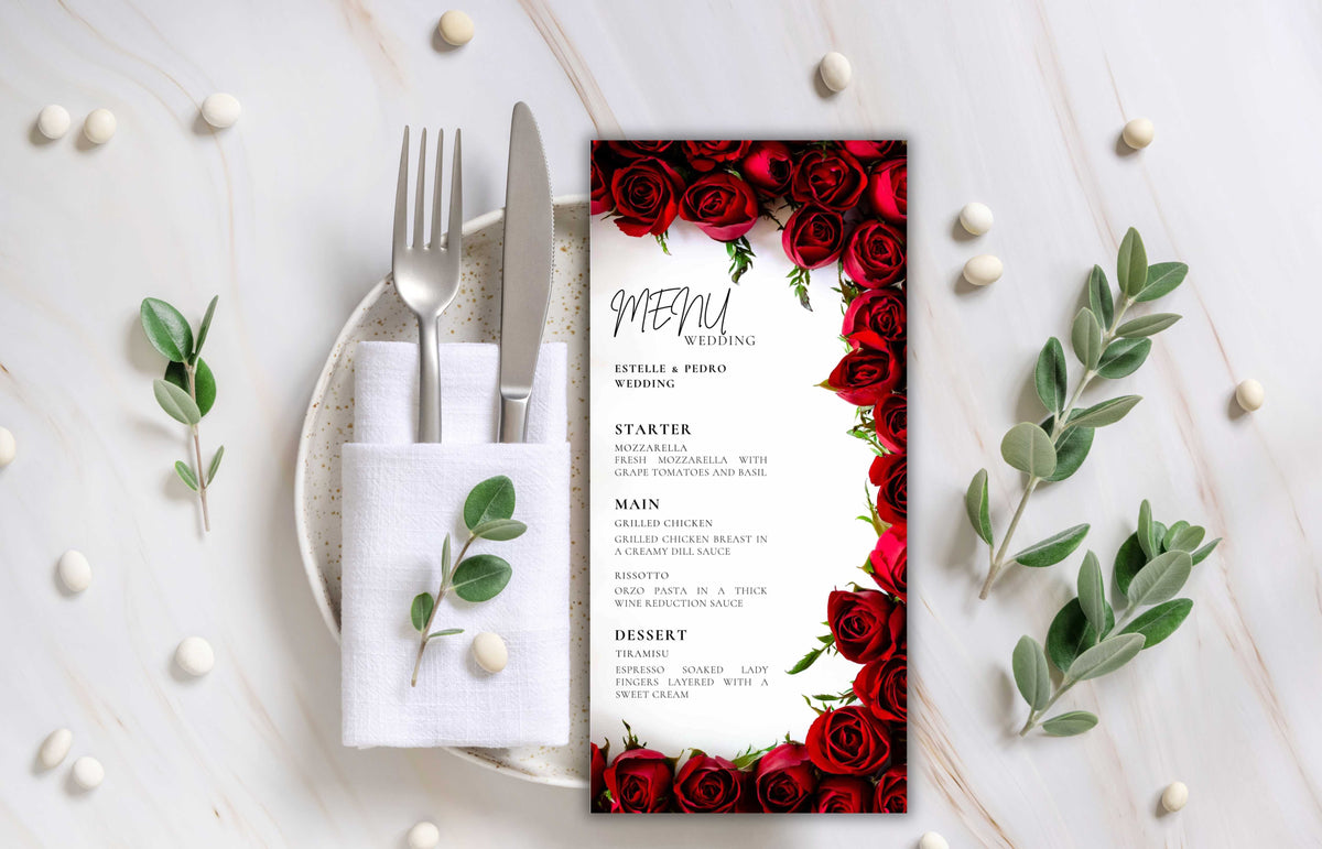 Wedding Menu Template Download, Red Rose Wedding Menu Card, Red Menu Template, Wedding Menu, Modern Dinner Menu, Instant Download, WS53