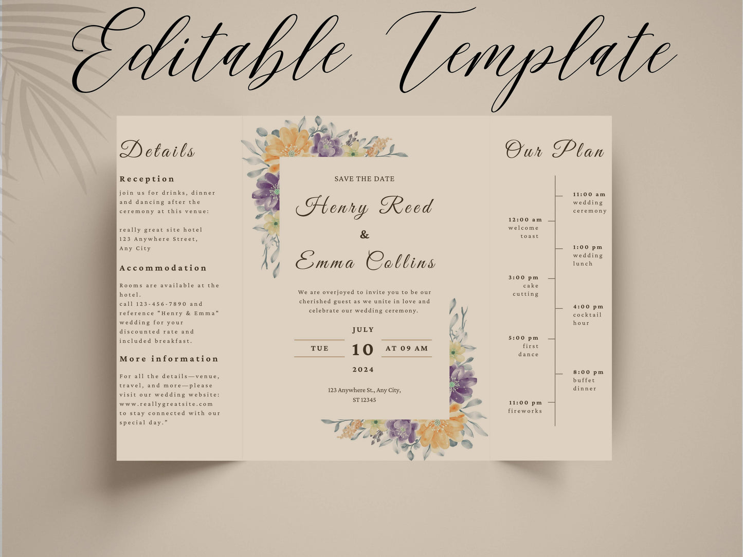 Floral Gatefold Wedding Invitation | Elegant Timeline Wedding Card | Modern Botanical Wedding Invitation with Details & Schedule. WI155