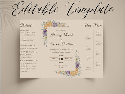 Floral Gatefold Wedding Invitation | Elegant Timeline Wedding Card | Modern Botanical Wedding Invitation with Details & Schedule. WI155
