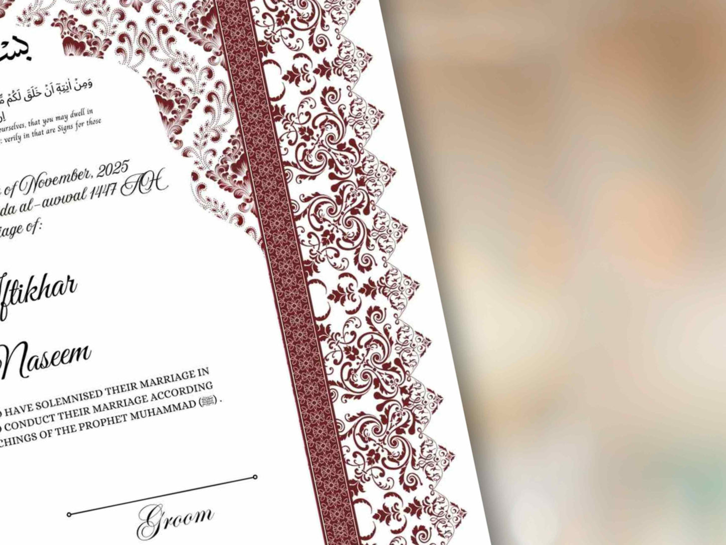 Luxury Nikkah Certificate, Premium A4 Islamic Wedding Contract, Nikkah Nama, Muslim Marriage Certificate, Personalised Names, A4, A3. NN291