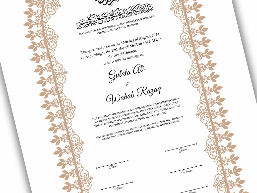 A4 / A3 Nikkah Contract Template, Islamic Wedding Certificate, Nikkahnama Digital Customized. NN160