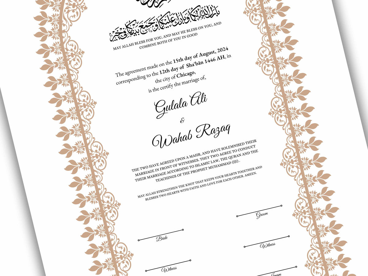 A4 / A3 Nikkah Contract Template, Islamic Wedding Certificate, Nikkahnama Digital Customized. NN160