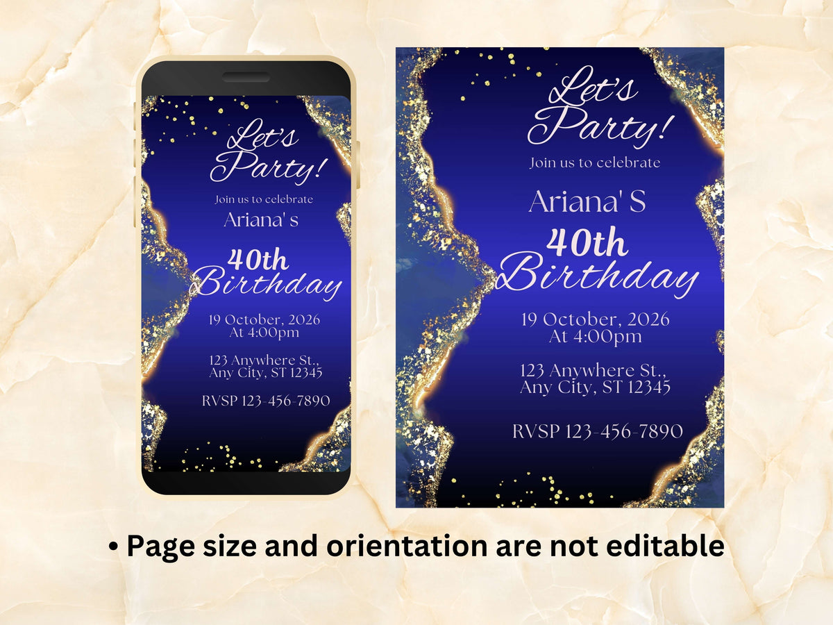 Blue Birthday Invitation, Adult Birthday Invitation, Navy Blue Birthday Evite, Blue & Gold Birthday Party Invite Template. WEIB84