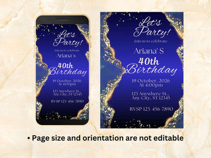 Blue Birthday Invitation, Adult Birthday Invitation, Navy Blue Birthday Evite, Blue & Gold Birthday Party Invite Template. WEIB84