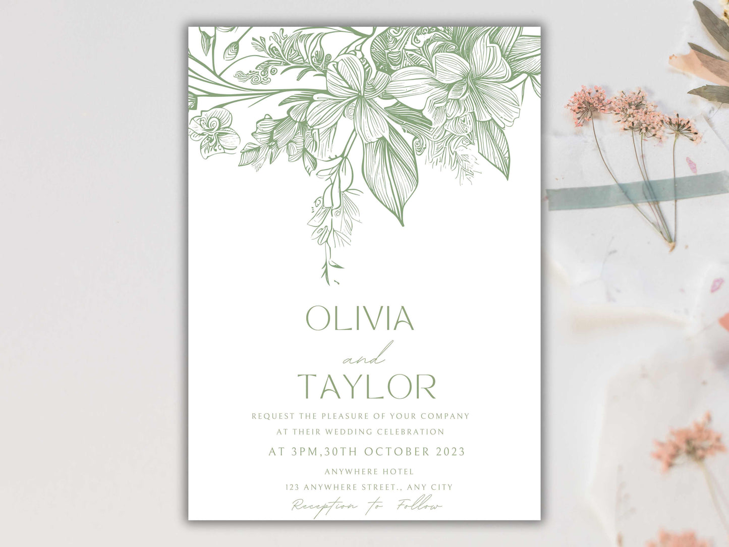 Sage Green Wedding Invitation Suite with Qr Code, Invite Set with Details Card, Modern Qr Code Rsvp, Elegant Green Wedding Template. WT 57