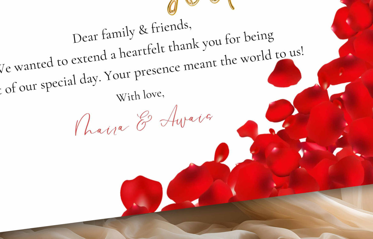 Printable Thank You Card, Editable Red, Gold and White Thank You Note, Red Petals Wedding Sign, Editable Modern Thank You Card. WSB48