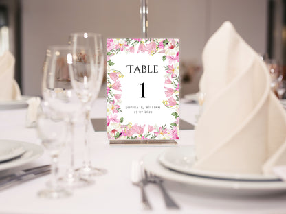 Wedding Table Numbers Template, Wedding Table Numbers, Pink Flower, Floral Wreath, Printable Table Numbers, Wedding Seating Chart. TS1