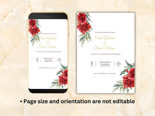 Red Rose Wedding Invitation, Electronic Wedding Invite Template , Digital Download, Red Rose Wedding Evite, Templett. WEI11