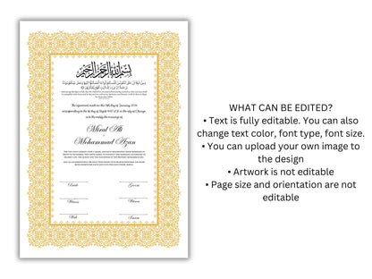 A4/A3 Nikkah Certificate, Printable Nikkahnama Template, Marriage Contract, Nikkah Contract Template, Islamic Wedding Contract. NN200