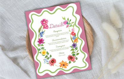 Pink Floral Wedding Invitation Template, Summer Wedding Invitation Suite, Botanical Invitation, Instant Download. WSB62