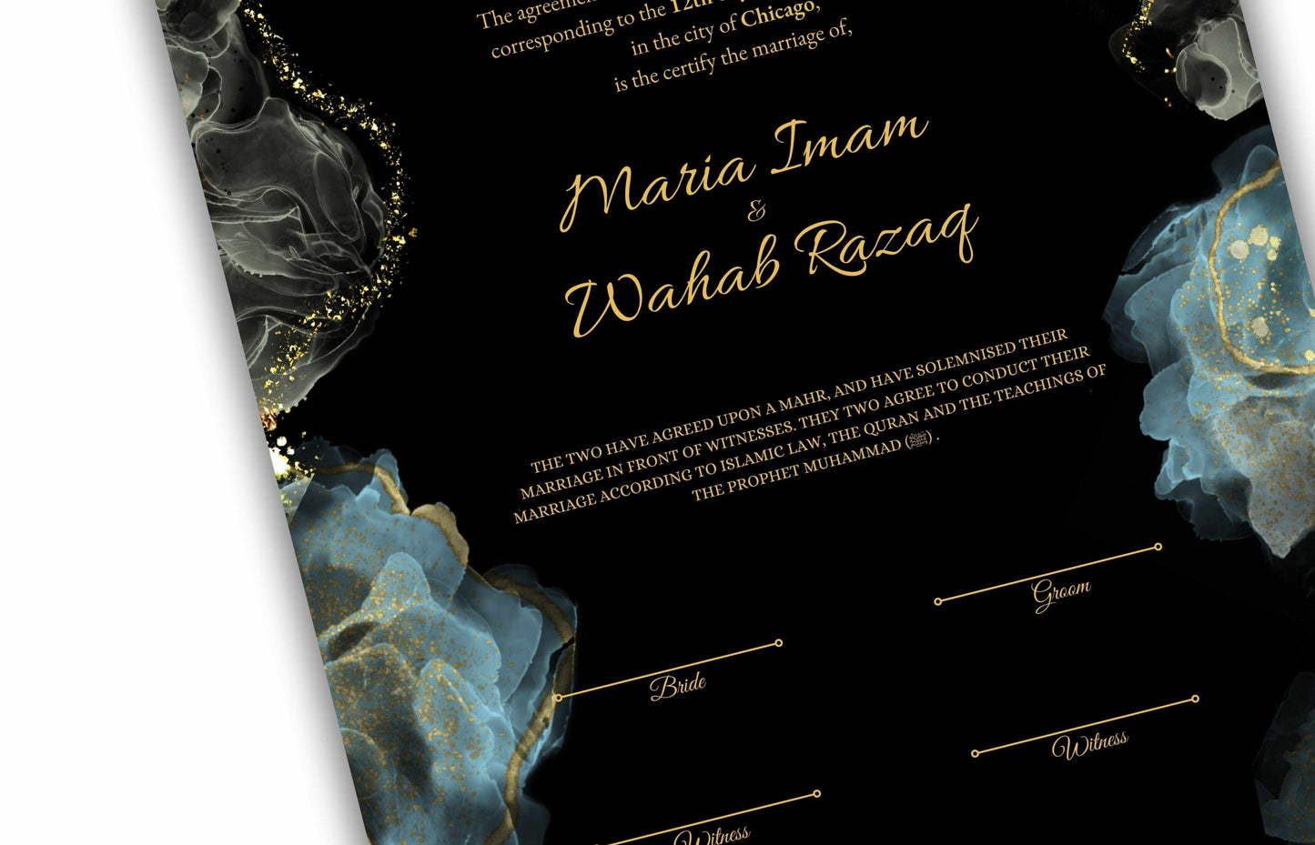 Luxury Nikkah Certificate, Premium Islamic Wedding Contract, Nikkah Nama, Muslim Marriage Certificate, Personalised Names. NN183