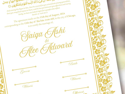 Floral Nikkah Certificate, Islamic Wedding Contract, Nikkah Nama, Muslim Marriage Certificate, Personalised Names, Quran Verse. NN279