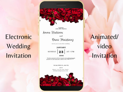 Red Rose Wedding Evite Template, Electronic Wedding Invitation, Red Rose video Wedding Invitation, Text Message, Mobile Phone Invite. WEI25