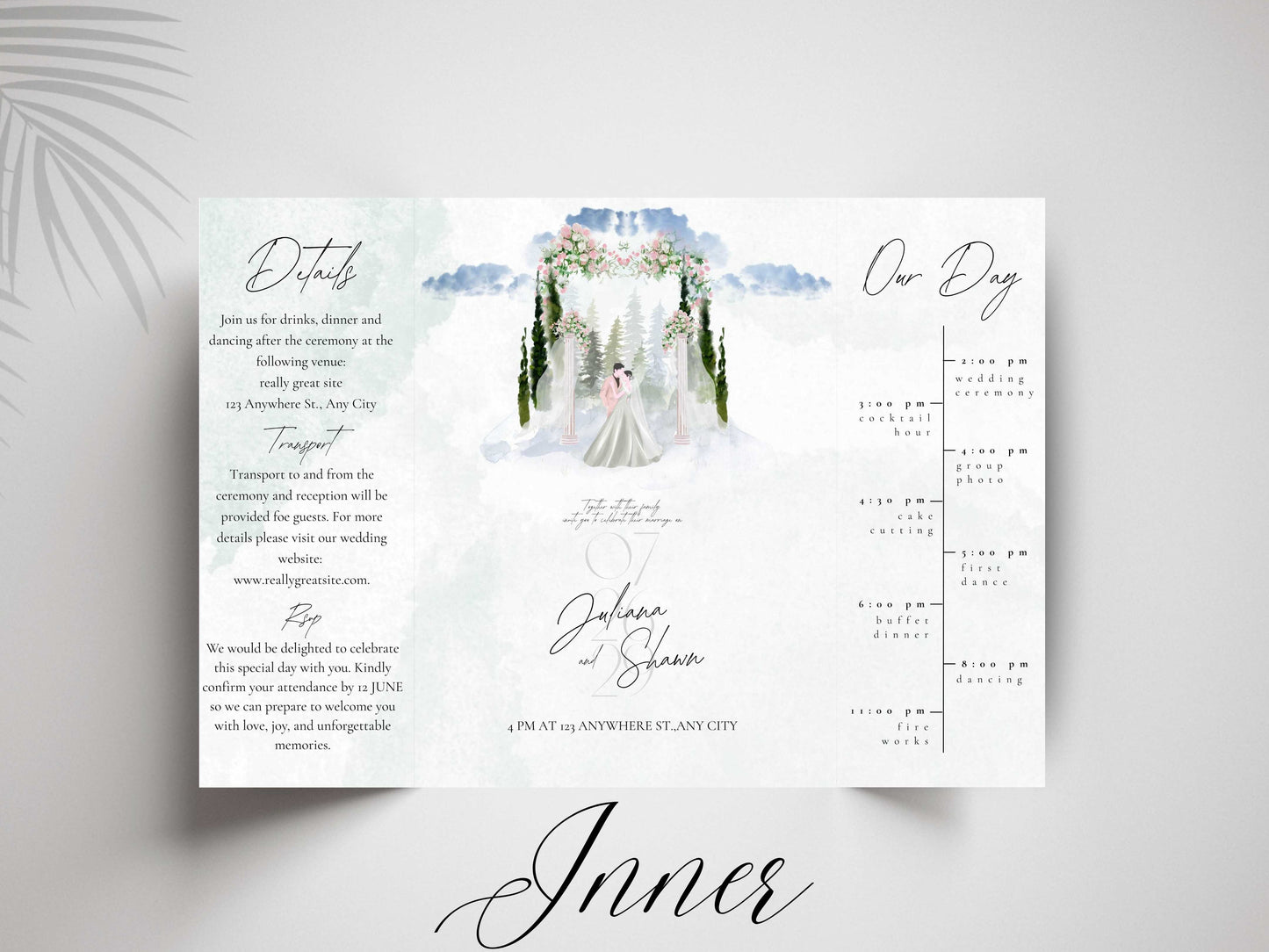 Elegant Wedding Itinerary Invitation | Watercolor Floral Arch Wedding Card | Modern Timeline Order of Events Invite. 158