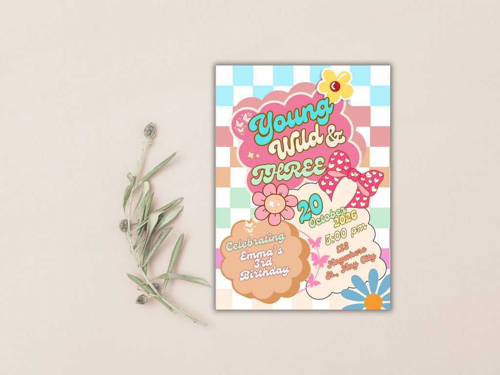 Editable Young wild and three Groovy Birthday Invitation EDITABLE Girl Daisy Rainbow Groovy 3rd Invite Hippie Party Template Instant. WEIB86
