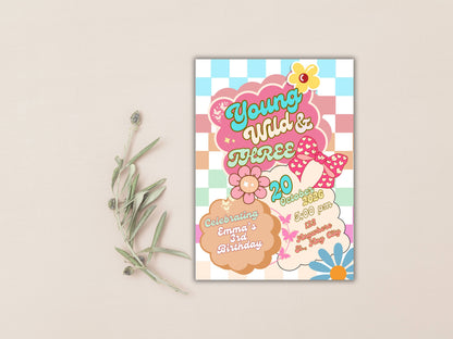 Editable Young wild and three Groovy Birthday Invitation EDITABLE Girl Daisy Rainbow Groovy 3rd Invite Hippie Party Template Instant. WEIB86