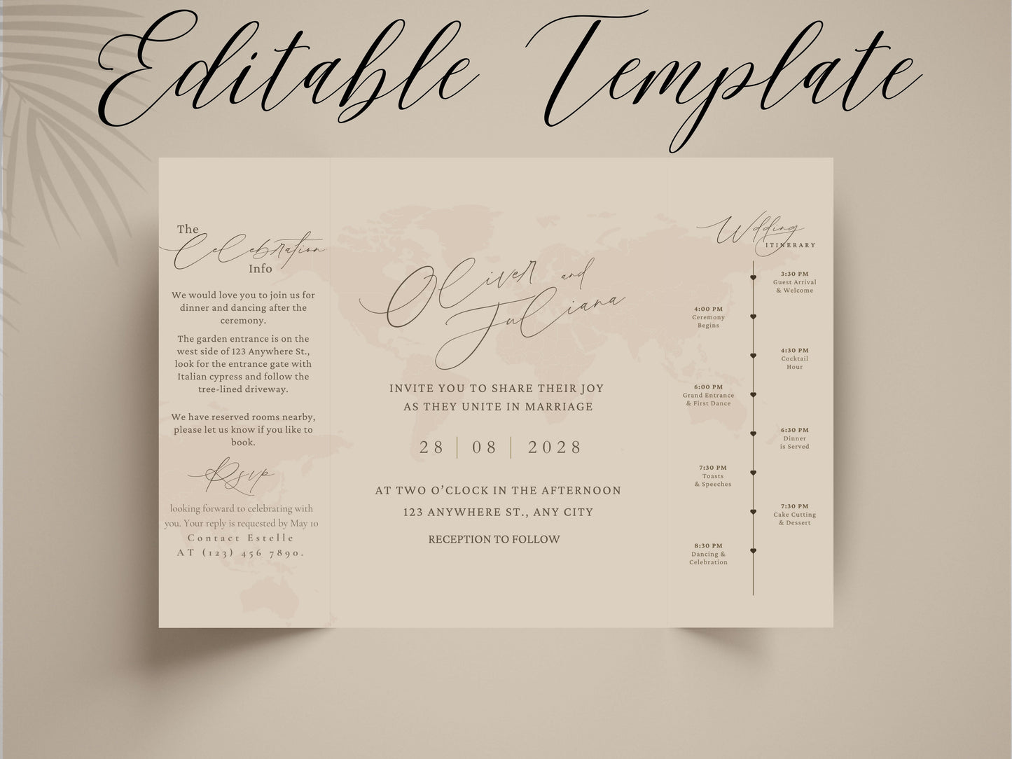 Destination Wedding Invitation Template Gatefold | Elegant Folded Travel Theme Invite | Printable Timeline & RSVP Card. WI146