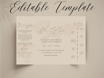 Destination Wedding Invitation Template Gatefold | Elegant Folded Travel Theme Invite | Printable Timeline & RSVP Card. WI146