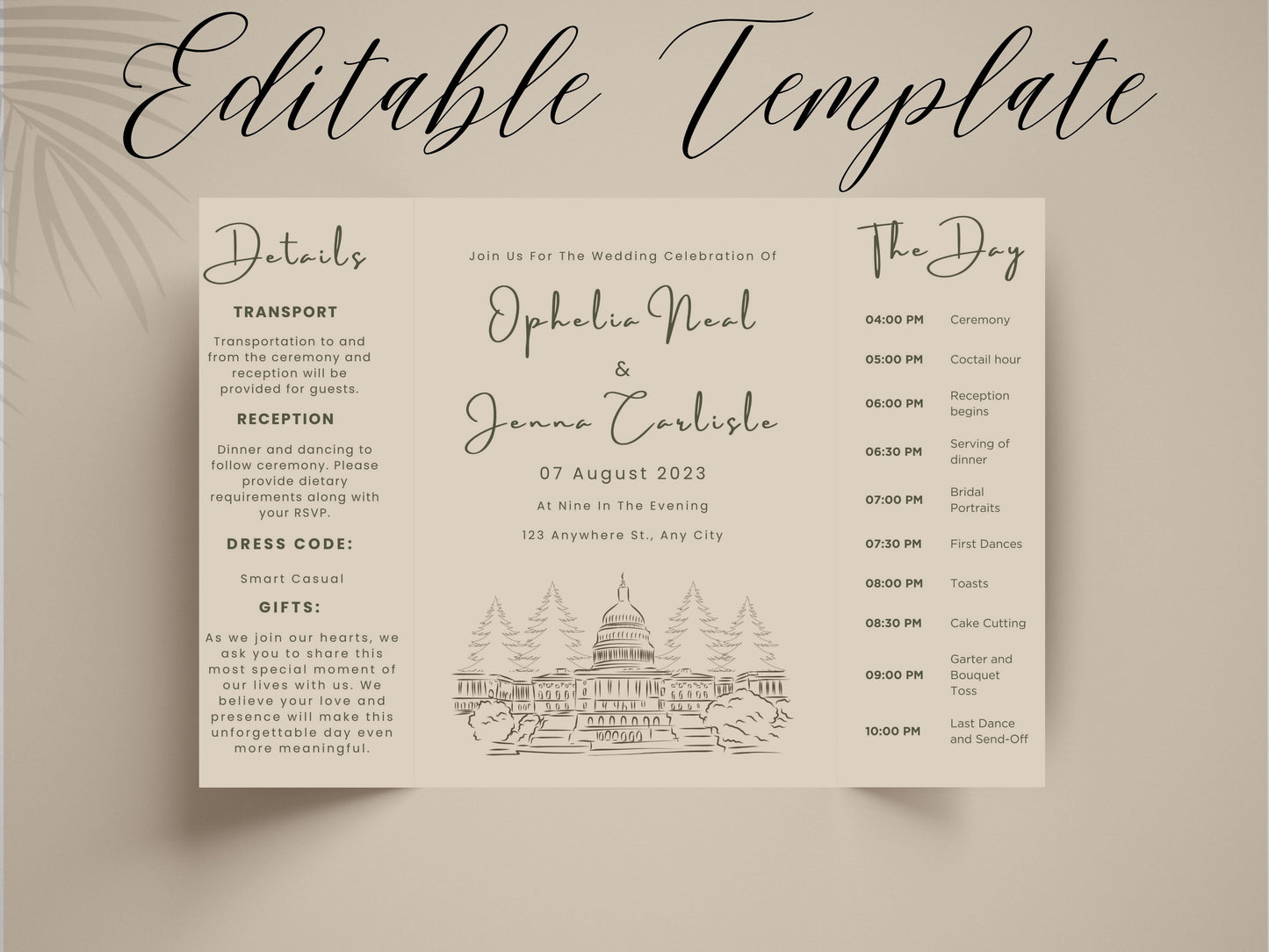 Wedding Itinerary Invitation Template | Modern Timeline Schedule Card | Printable Wedding Program | Minimalist Order of Events. WI147