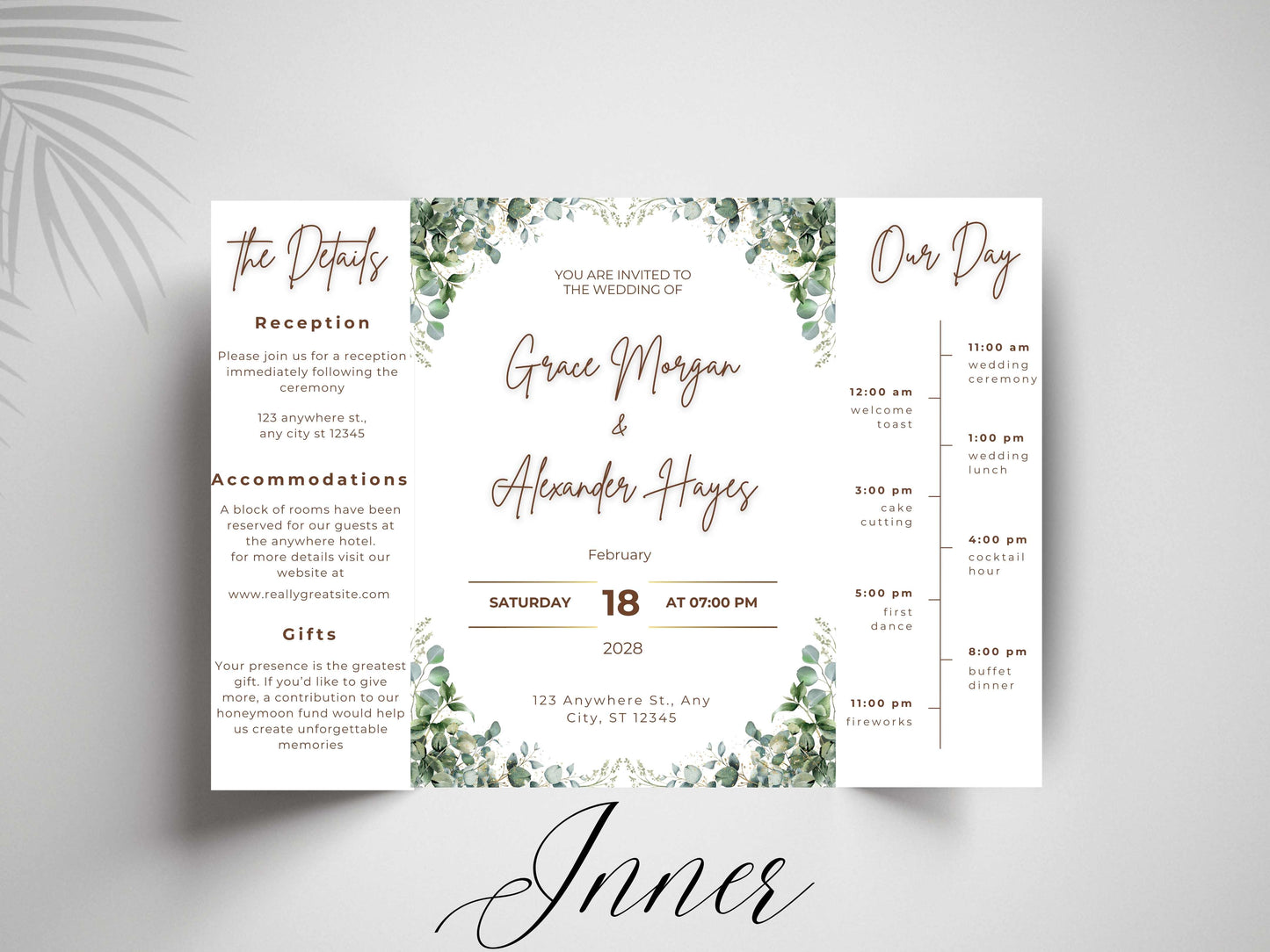 Elegant Greenery Wedding Invitation Template | Modern Eucalyptus Wedding Invite Itinerary & Details Card | Printable Digital Download.WI166