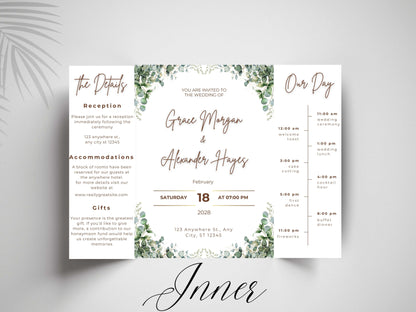Elegant Greenery Wedding Invitation Template | Modern Eucalyptus Wedding Invite Itinerary & Details Card | Printable Digital Download.WI166