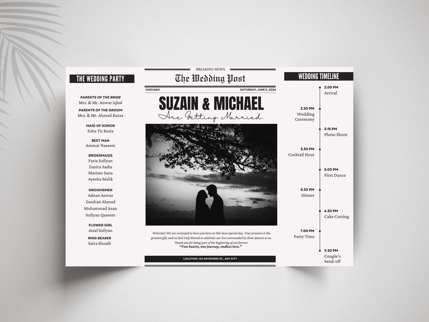Newspaper Style Wedding Invitation | Gatefold Wedding Card | Vintage Wedding Program with Timeline | Unique Wedding Party Invite. WI136