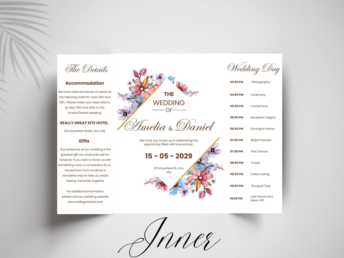 Elegant Floral Wedding Invitation Template | Printable Digital Invite | Modern Wedding Timeline & Details Card. WI167