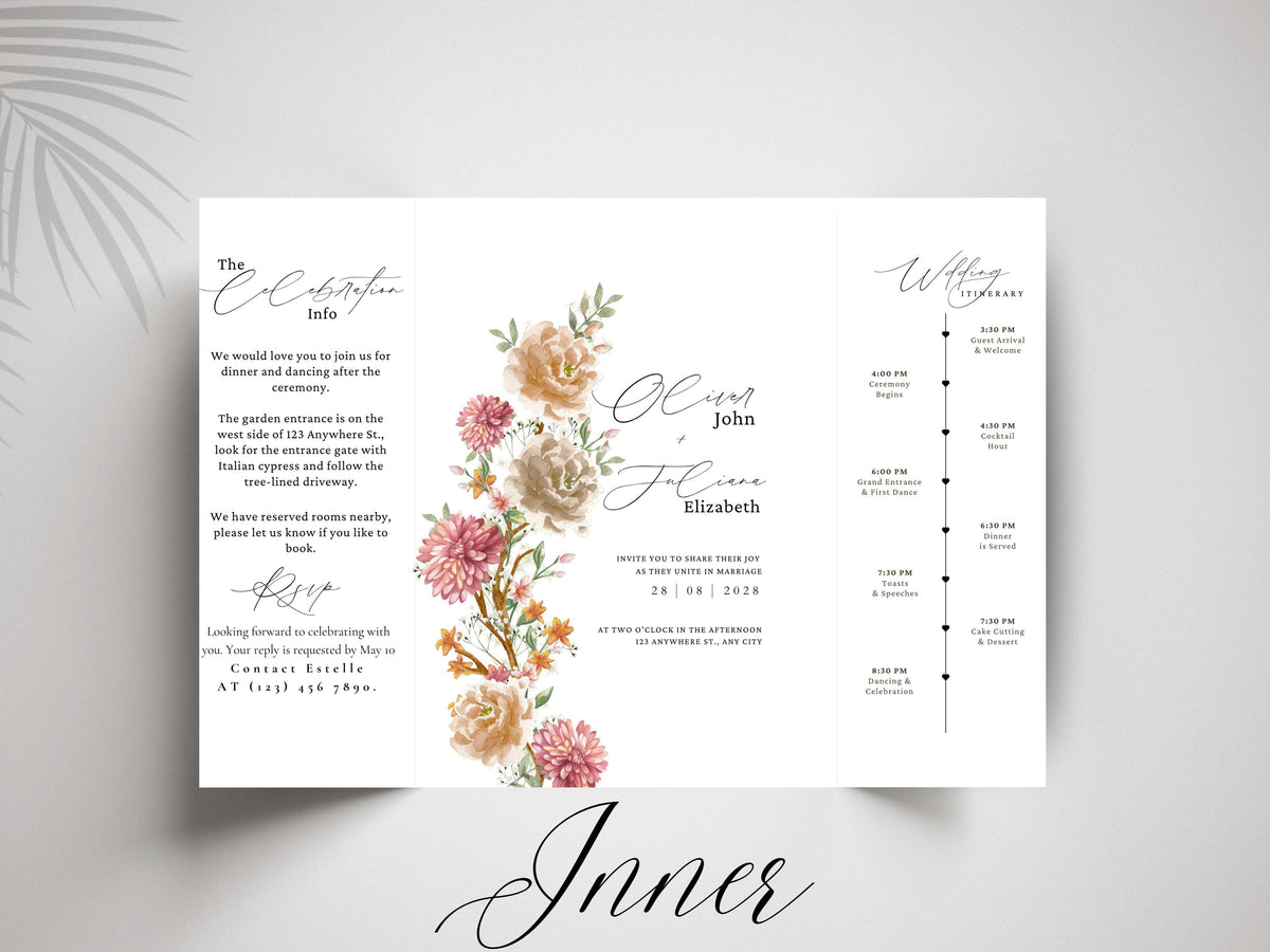 Gatefold Wedding Invitation Template with Itinerary | Floral Boho Wedding Invite | RSVP & Timeline Card | Printable Digital Download. WI165