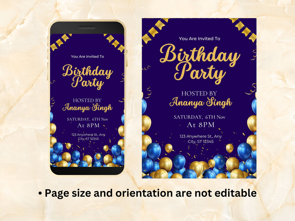 Blue Birthday Party Invitation Evite, Editable Blue and Gold Birthday Invitation Template for Men, Printable Birthday 5 x 7 Card. WEIB77